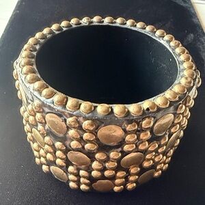 Vintage Artisan Wood Brass Studded Cuff Bracelet Tribal Statement Boho